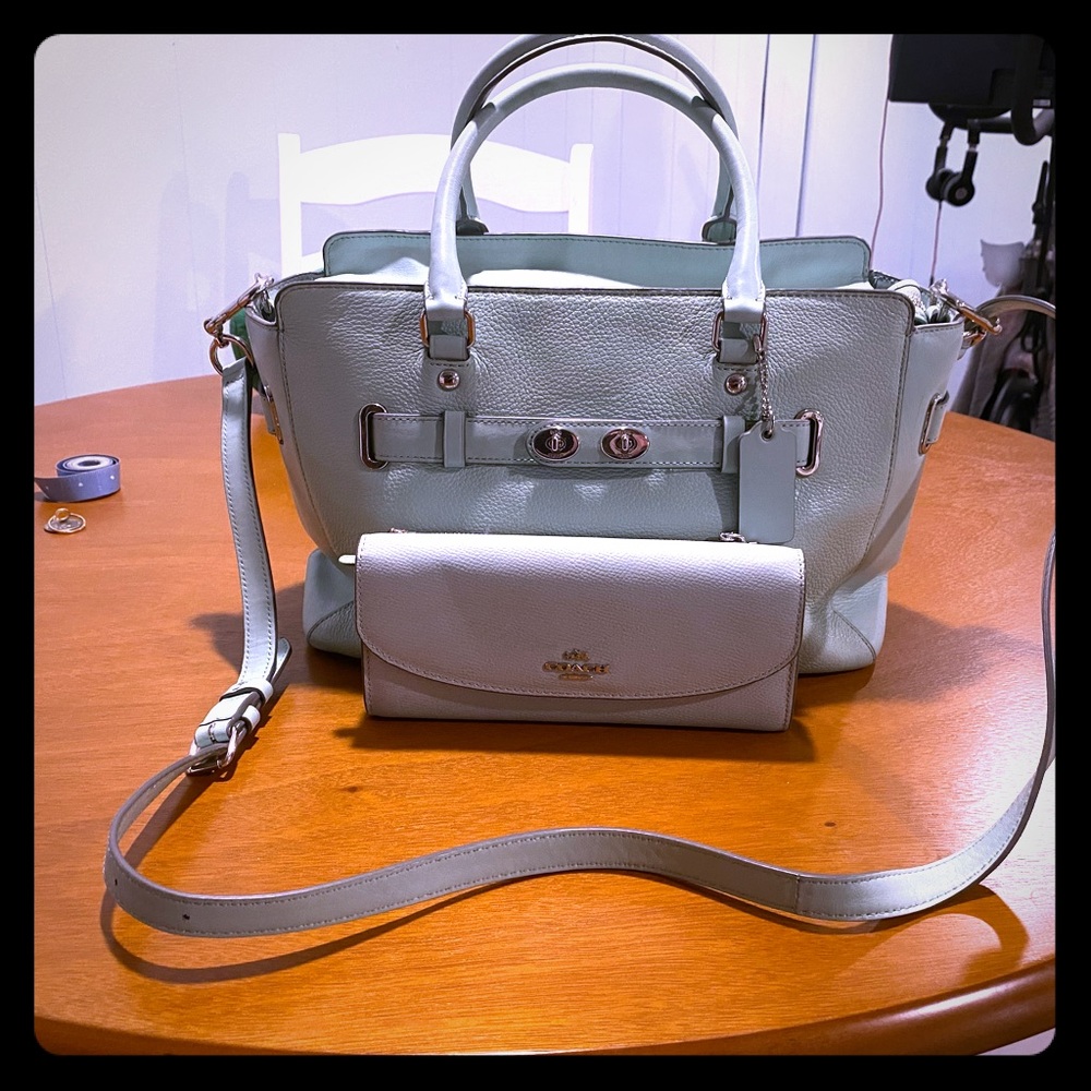Leather mint colored Coach purse and wallet